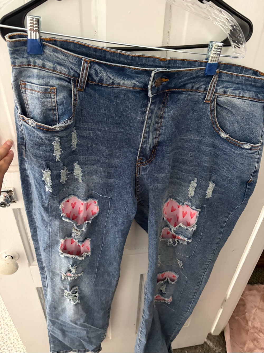 Distressed Blue Women's Jeans with Pink Heart Patch